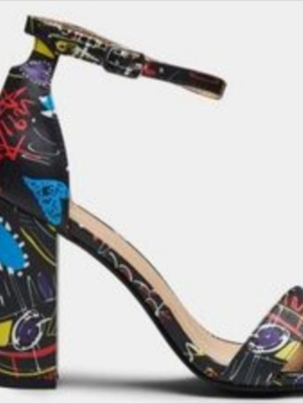 Black Multicolor Graffiti Block Heel Ankle-Strap Sandal